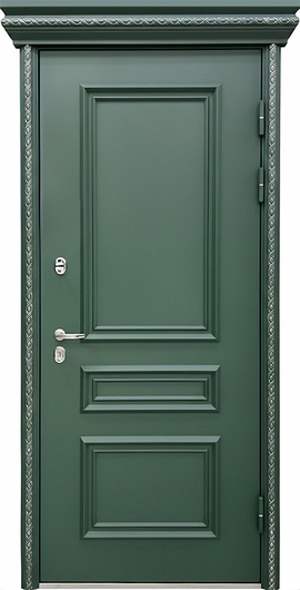 Непромерзающая термодверь с карнизом, металлобагетом и полимерной покраской зеленого цвета